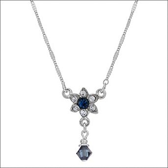 1928 Silver Tone Blue & Clear Crystal Flower Drop Necklace