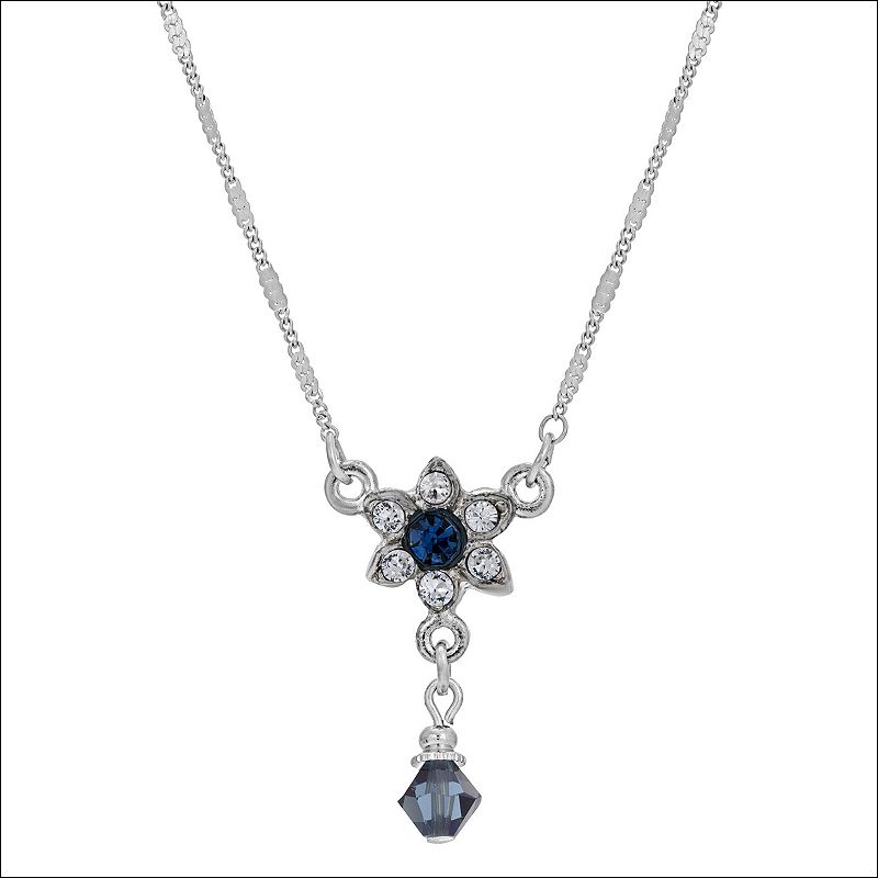 1928 Silver Tone Blue & Clear Crystal Flower Drop Necklace, Womens