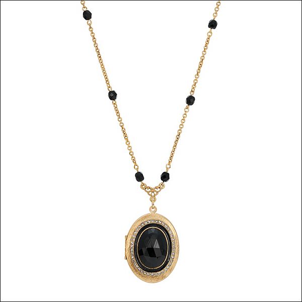 1928 Gold Tone Black Oval Locket Necklace