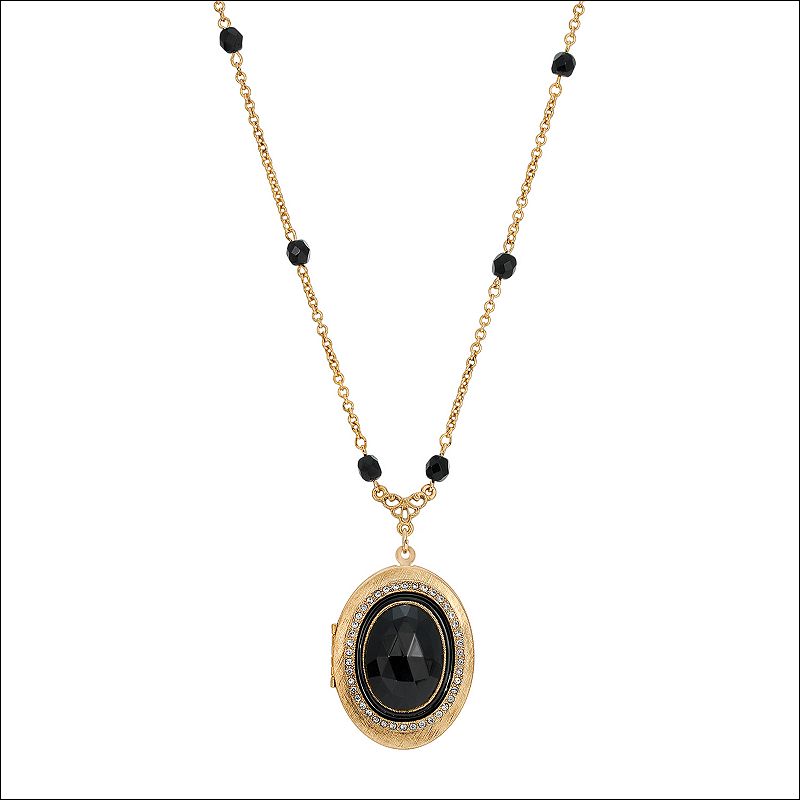 1928 Gold Tone Black Oval Locket Necklace, Womens