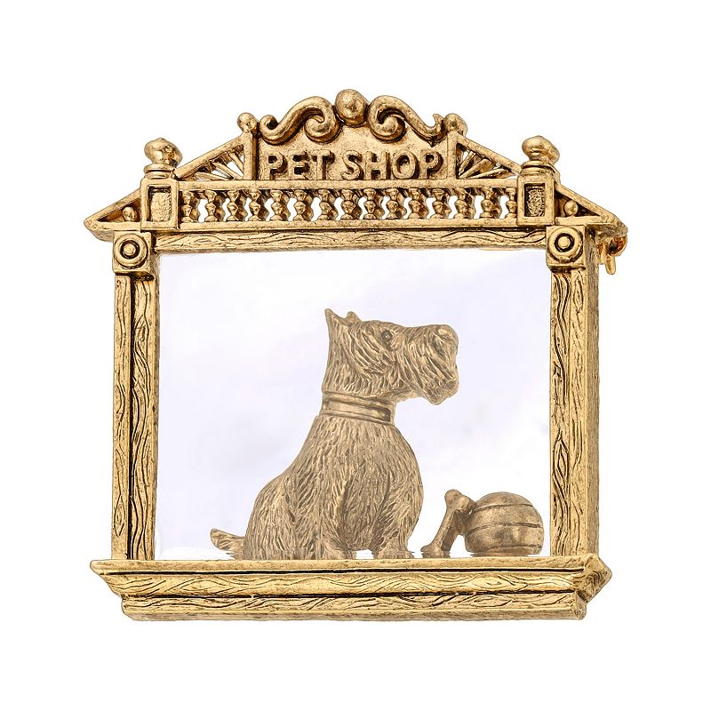 1928 Gold Tone Dog in Pet Shop Window Pin, Womens