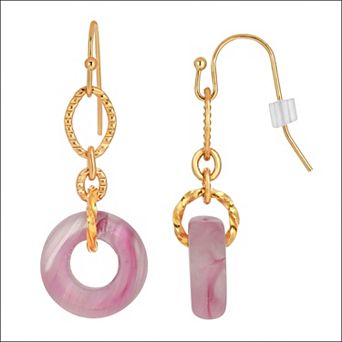 1928 Gold Tone Pink Circle Link Drop Earrings