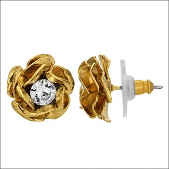 1928 Gold Tone Crystal Flower Button Earrings