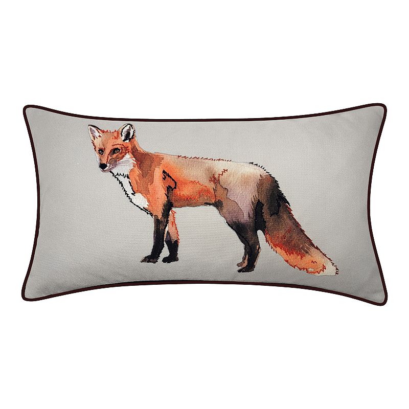 Edie@Home Watercolor Fox Print with Ribbon Embroidery Throw Pillow, Beig/Gr