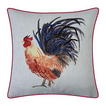Edie@Home Watercolor Rooster Print with Ribbon Embroidery Throw Pillow