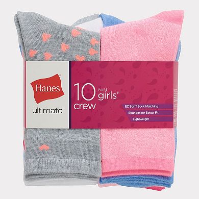 Girls Hanes® 10 Pairs Ultimate Lightweight Crew Socks