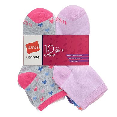 Girls Hanes® 10 Pairs Ultimate Lightweight Ankle Socks