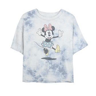 Juniors' Disney Mickey Jumping Minnie Bombard Wash Crop Graphic Tee