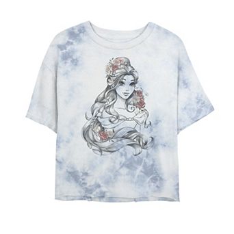Juniors' Disney Princess Beauty & The Beast Belle Drawing Rose Bombard Wash Crop Graphic Tee