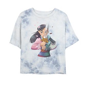 Juniors' Disney Princess Mulan Anime Half Girl Half Warrior Bombard Wash Crop Graphic Tee