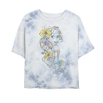 Juniors' Disney Princess Tangled Rapunzel Floral Pencil Sketch Bombard Wash Crop Graphic Tee