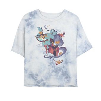 Juniors' Disney Aladdin Vintage Group Shot Night Portrait Bombard Wash Crop Graphic Tee