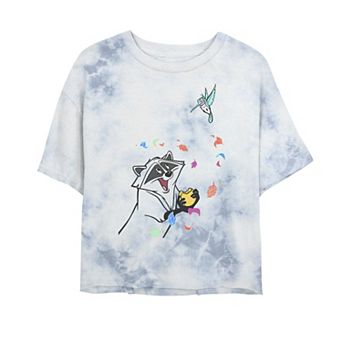 Juniors' Disney Princess Pocahontas Meeko Flit Colorful Leafs Fall Bombard Wash Crop Graphic Tee