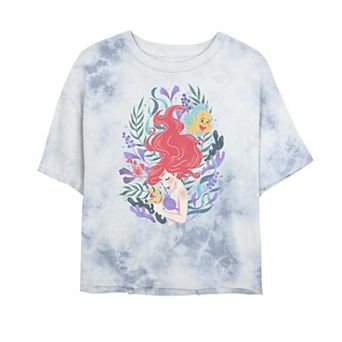 Juniors' Disney Princess The Little Mermaid Ariel Flounder And Sebastian Bombard Wash Crop Graphic Tee