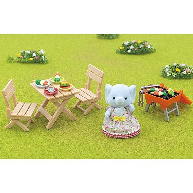 Calico Critters Bubblebrook Elephant Girl's BBQ Picnic Set Dollhouse Playset with Figure and Accessories