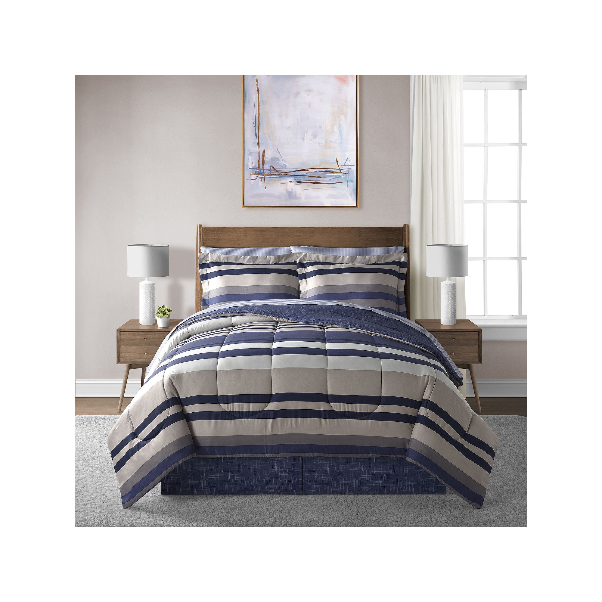 Lanwood Xavier Stripe Comforter Set with Shams, Multi Blue