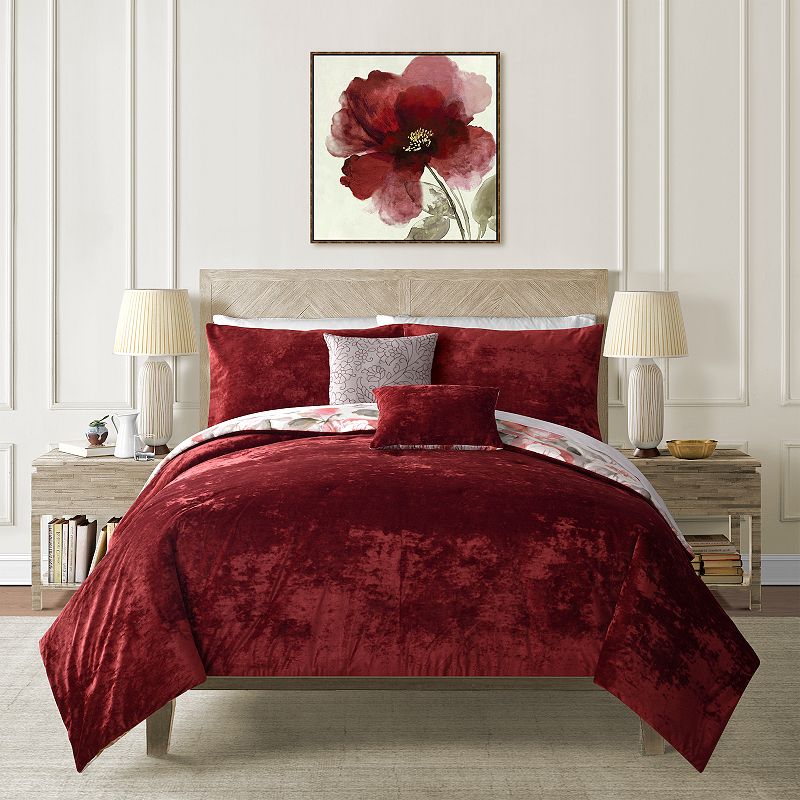 54555041 Lanwood Magnolia Comforter Set with Shams, Red, Ki sku 54555041