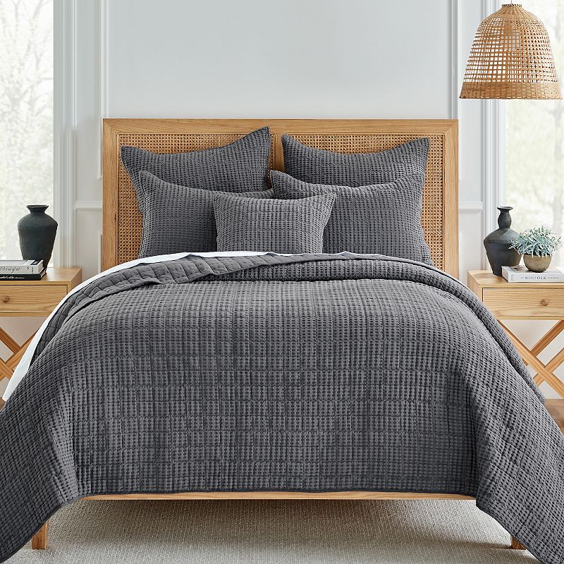 Levtex Home Mills Waffle Charcoal Quilt Set with Shams, Black, Full/Queen