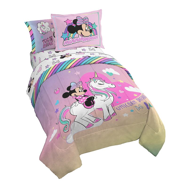 Minnie Mouse Rainbow Unicorn Dreams Kids Pink 100% Microfiber 7-Piece Bedding Set  Full