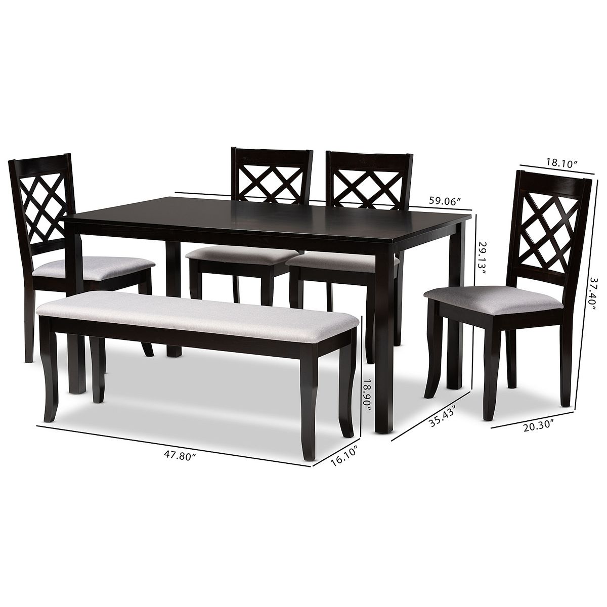 Andor 6-piece dining set dimensions diagram for table, bench, and chairs