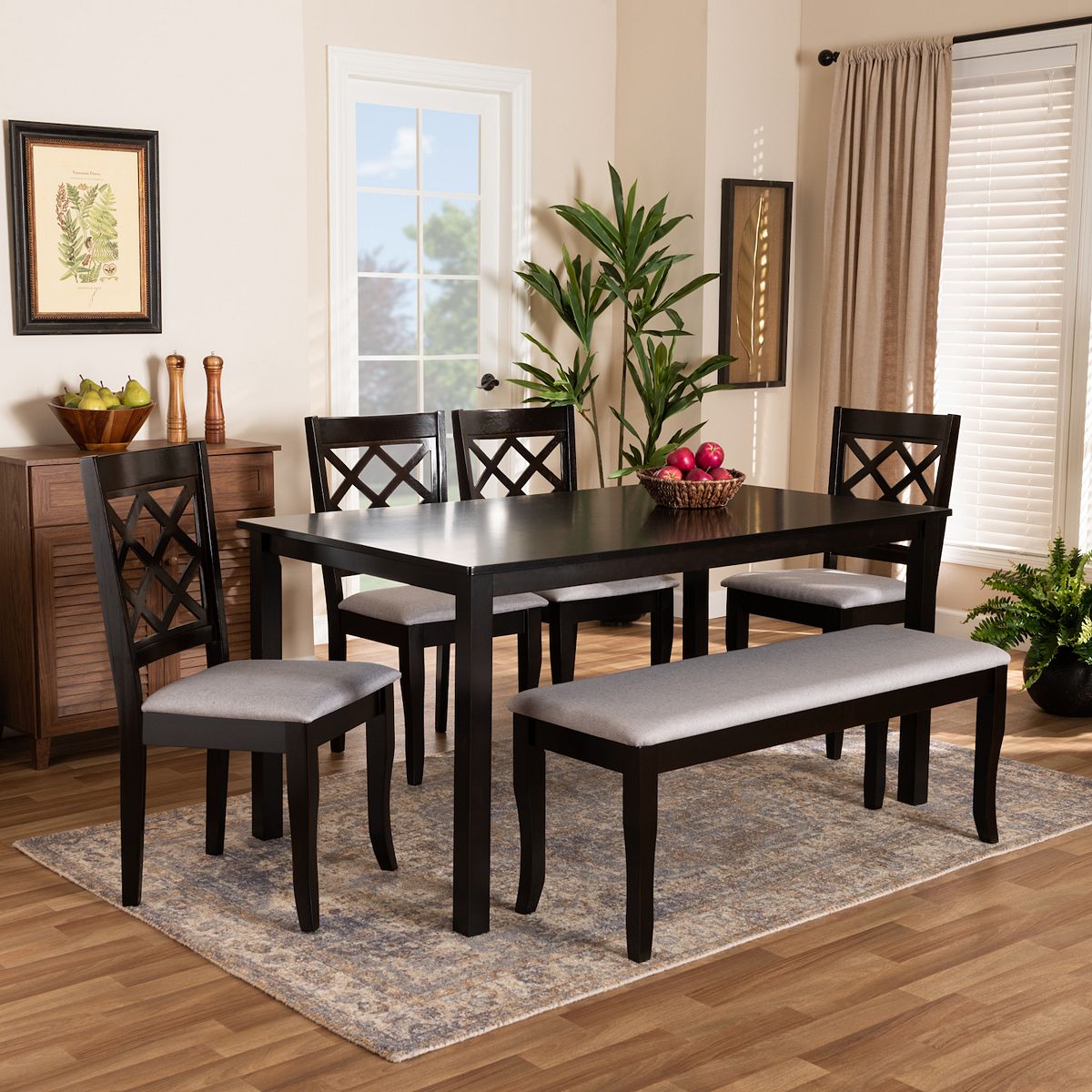 Andor 6-piece dining set with dark table, bench and chairs