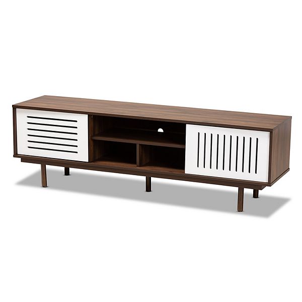 Meike Two-Tone Wood TV Stand for TVs up to 70" Walnut/White - Baxton Studio: Modern Entertainment Center with Storage