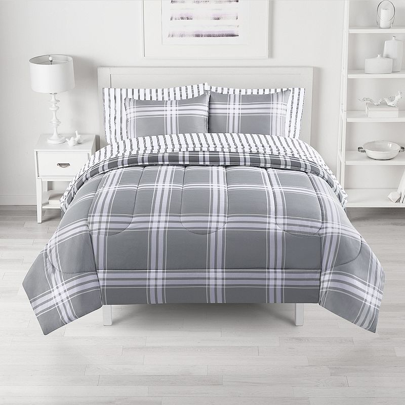 The Big One Nathan Plaid Reversible Comforter Set with Sheets, Grey, King