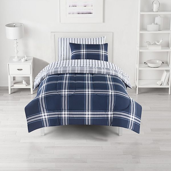 The Big One Full Queen Down Alternative Comforter Reversible Blue Plaid NEW 
