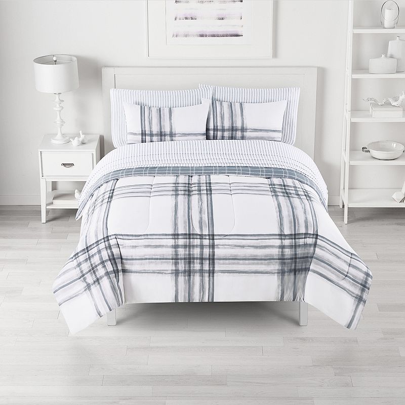 The Big One Landon Plaid Reversible Comforter Set with Sheets, White, Twin