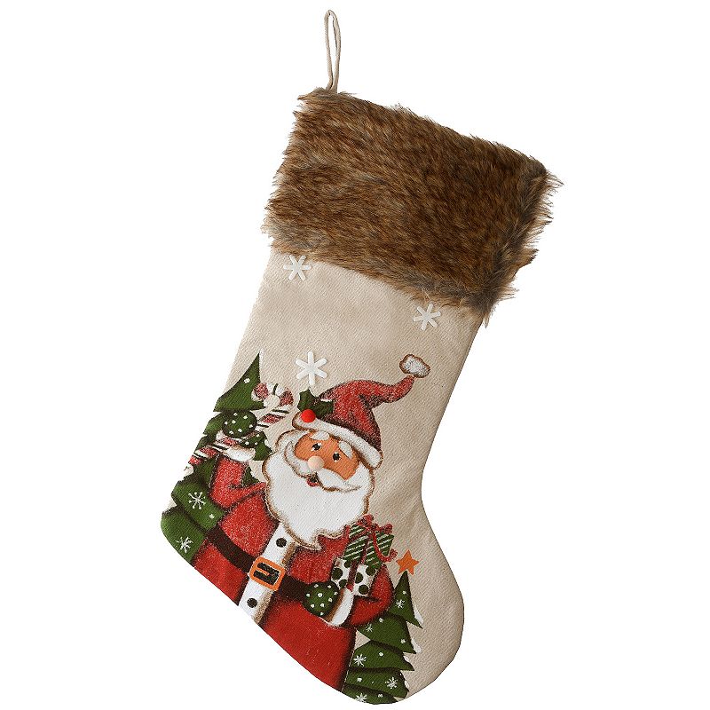 National Tree Company Homestead Santa Faux Fur Trim Christmas Stocking, Red