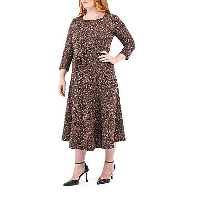 women's nina leonard sylvia print midi dress Nina Leonard Women's 3/4 Sleeve Sylvia Self Sash Dress, Small