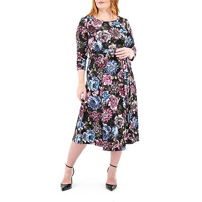 women's nina leonard sylvia print midi dress Nina Leonard Women's 3/4 Sleeve Sylvia Self Sash Dress, Small