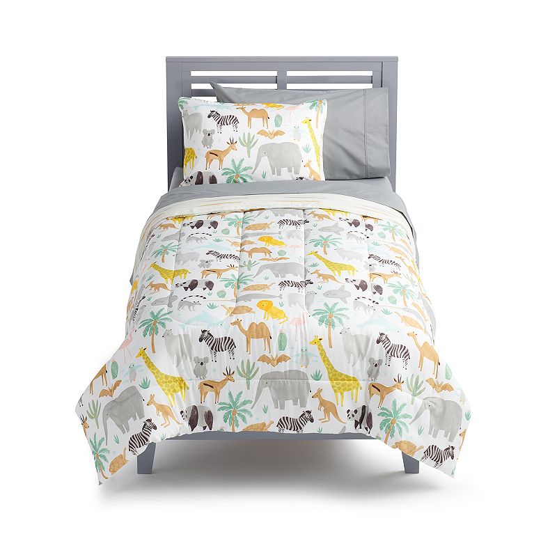 The Big One Aaron Animal Reversible Comforter Set with Shams, White, Full/Q