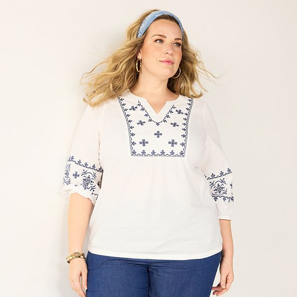 Plus Size Croft & Barrow® Embroidered Peasant Top