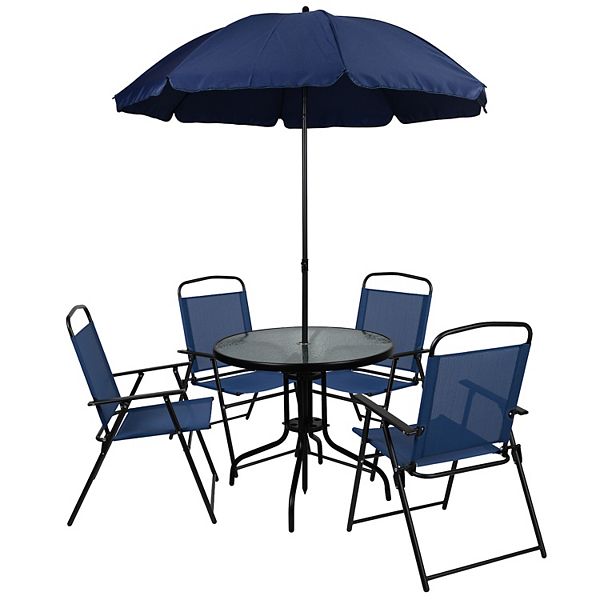 Flash Furniture Nantucket 6 Piece Navy Patio Garden Set with Umbrella Table and Set of 4 Folding Chairs