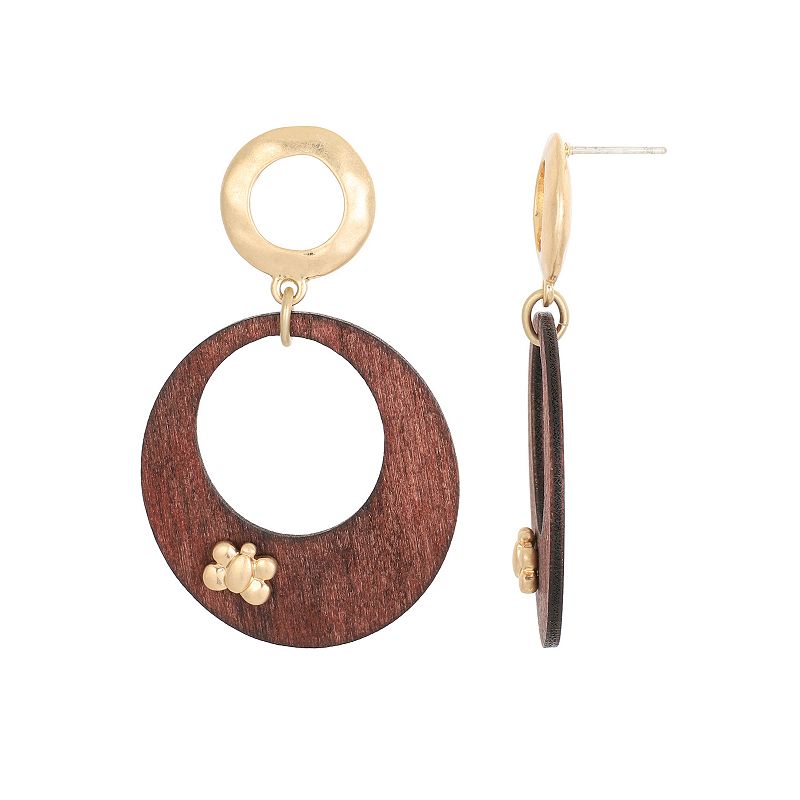 Bella Uno Gold Tone & Wood Double Circle Bee Drop Earrings, Womens, Multic