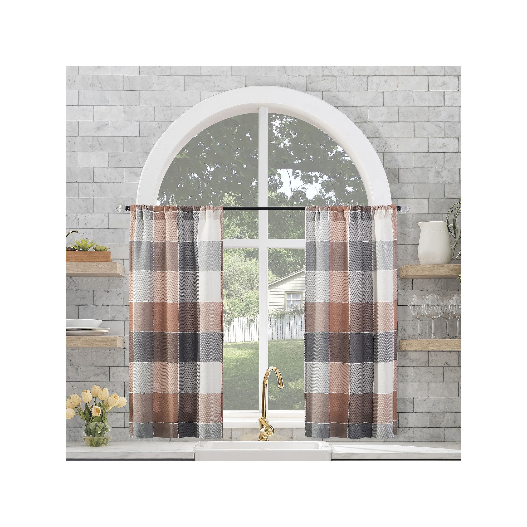 Archaeo Colorblock Plaid Semi-Sheer Rod Pocket Kitchen Curtain Tier Pair, R