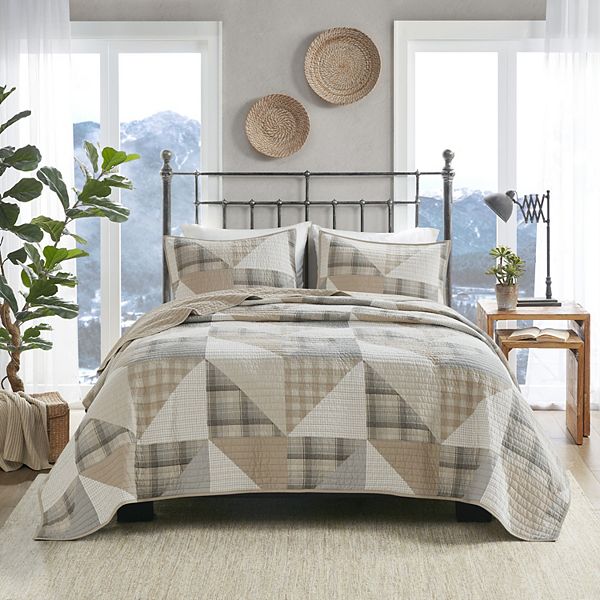 Woolrich 3pc King/California King Olsen Oversized Cotton Quilt Bedding Set Tan: Lightweight Percale, Geometric Pattern