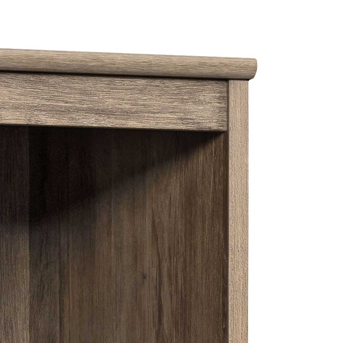 Close-up of wood-grain panel and top trim on narrow entryway organizer