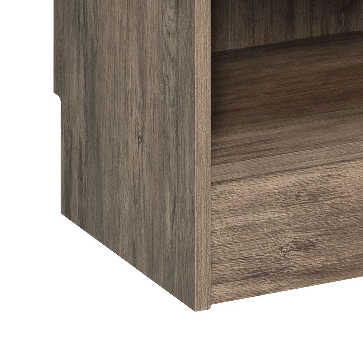 Side panel corner detail of narrow entryway organizer in wood-look finish