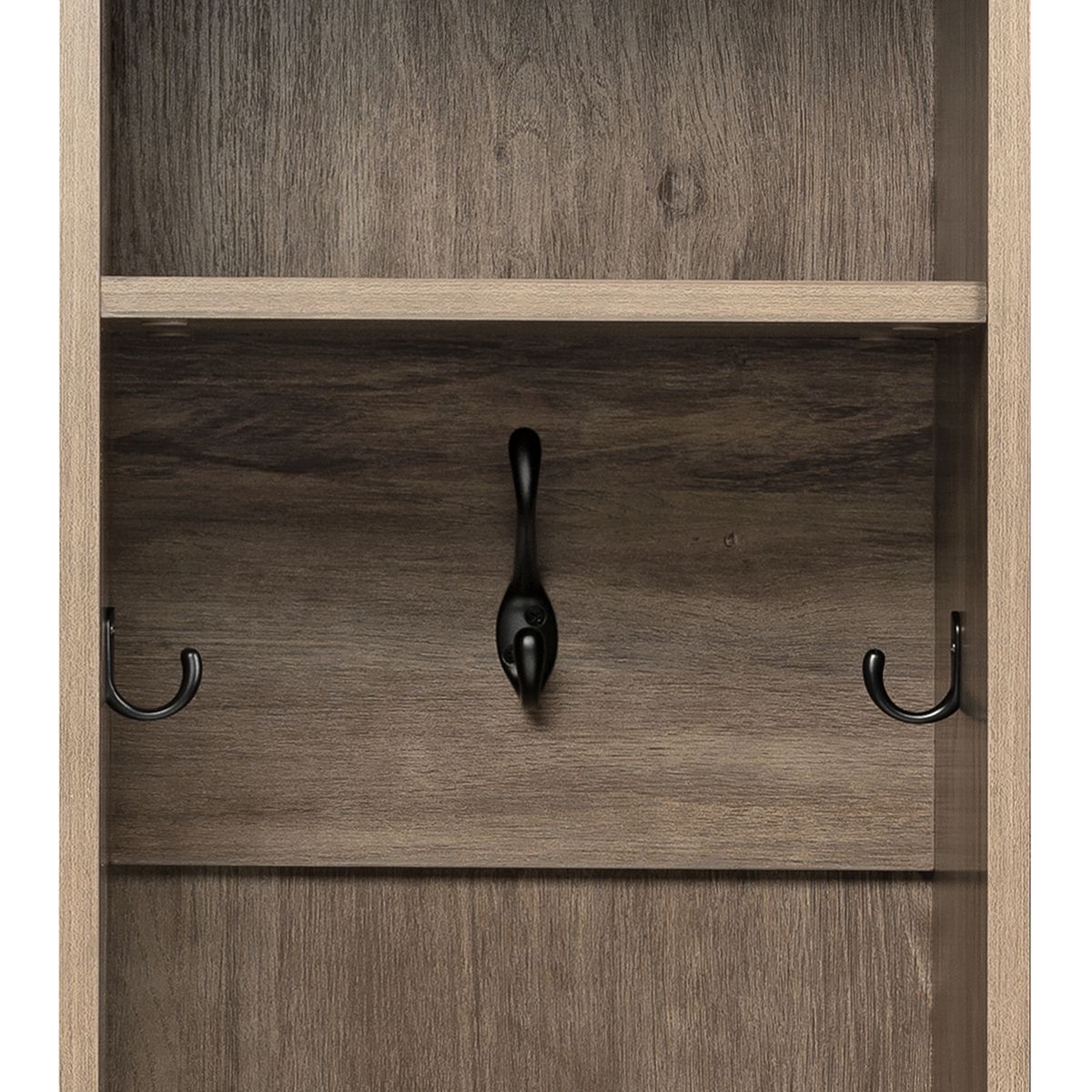 Interior back panel with three black hooks on narrow entryway organizer