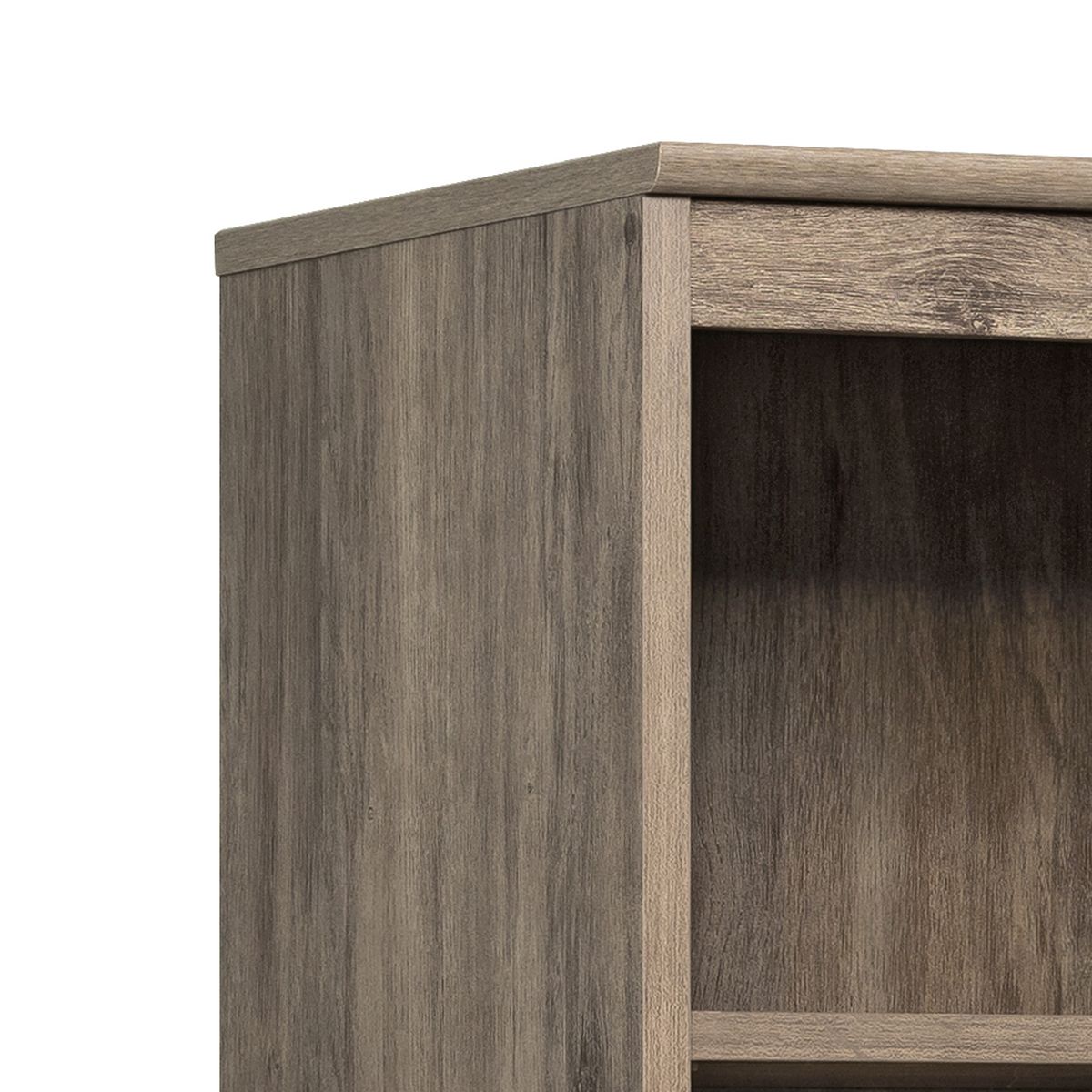 Close-up of wood-grain cabinet frame opening on narrow entryway organizer