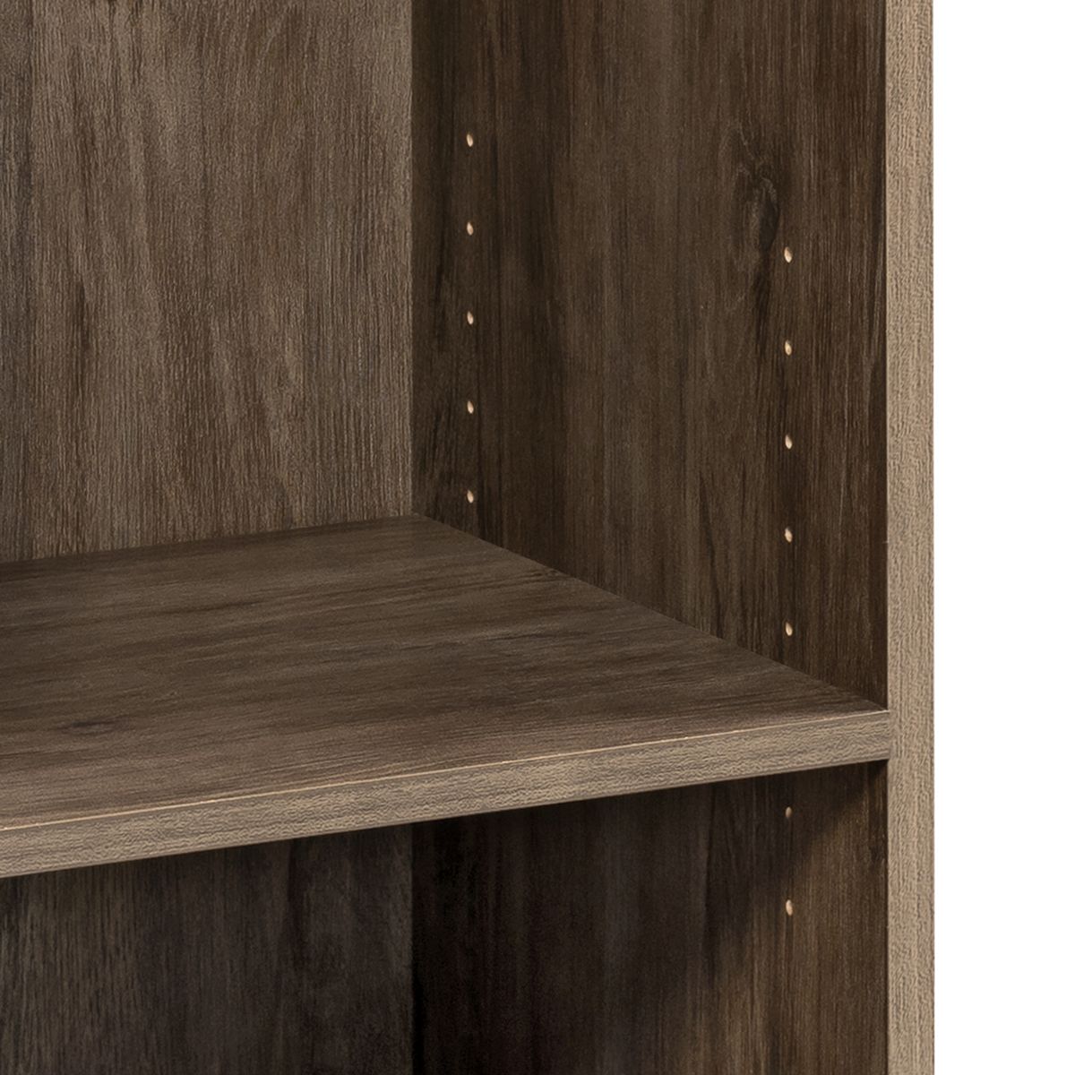 Close-up of open shelf interior on narrow entryway organizer with wood texture