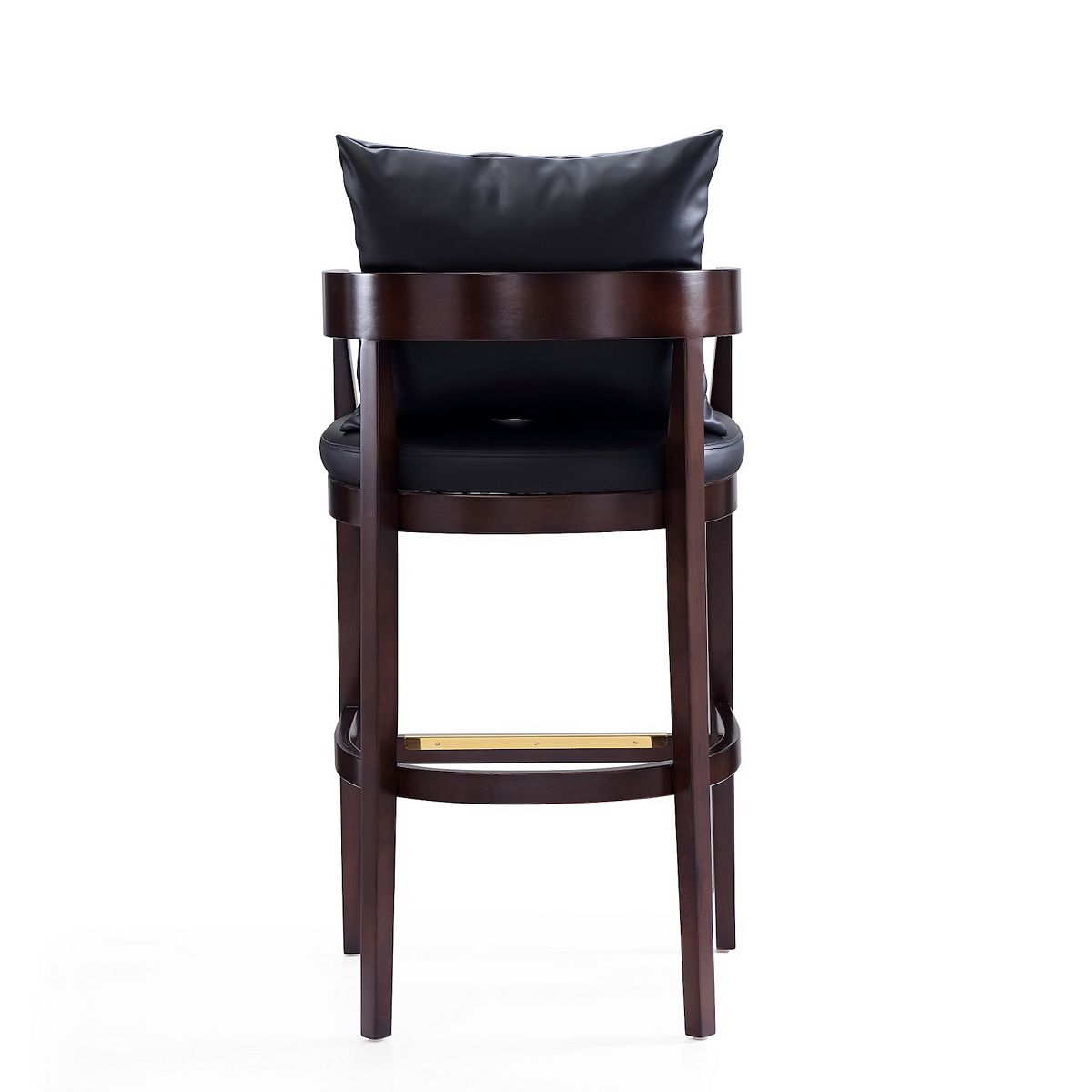 Manhattan Comfort Ritz bar stool front view with dark wood and navy upholstered back