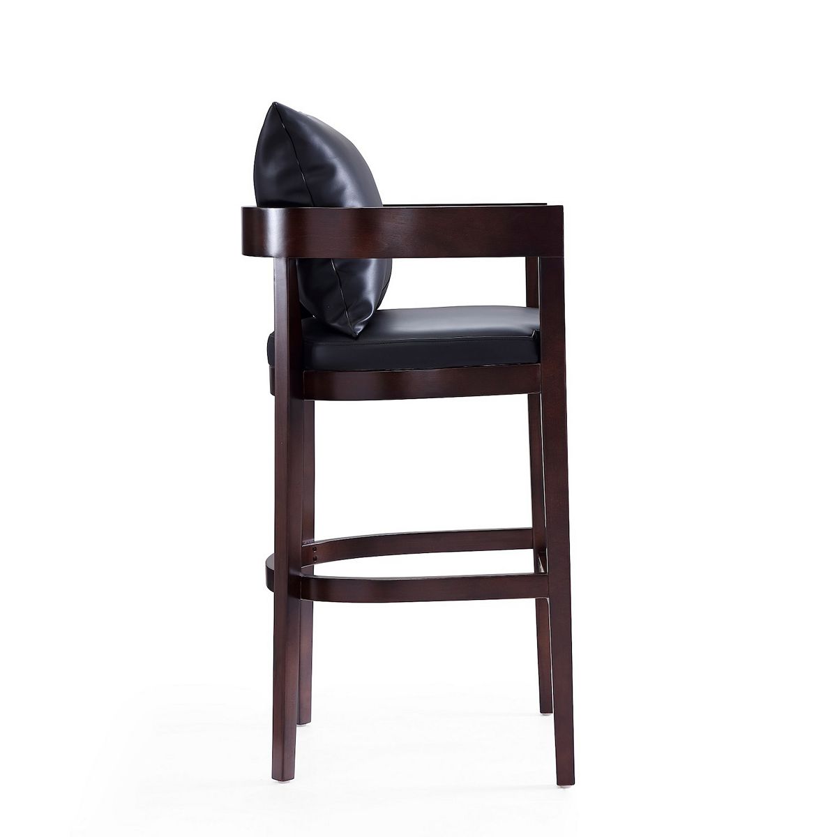 Ritz bar stool side view with dark wood frame and black/navy padded backrest