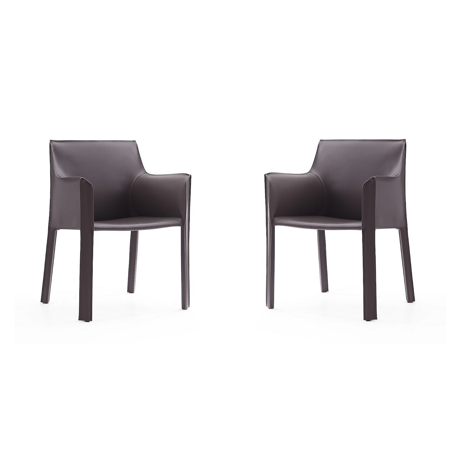 Two dark brown armchairs against a white background.