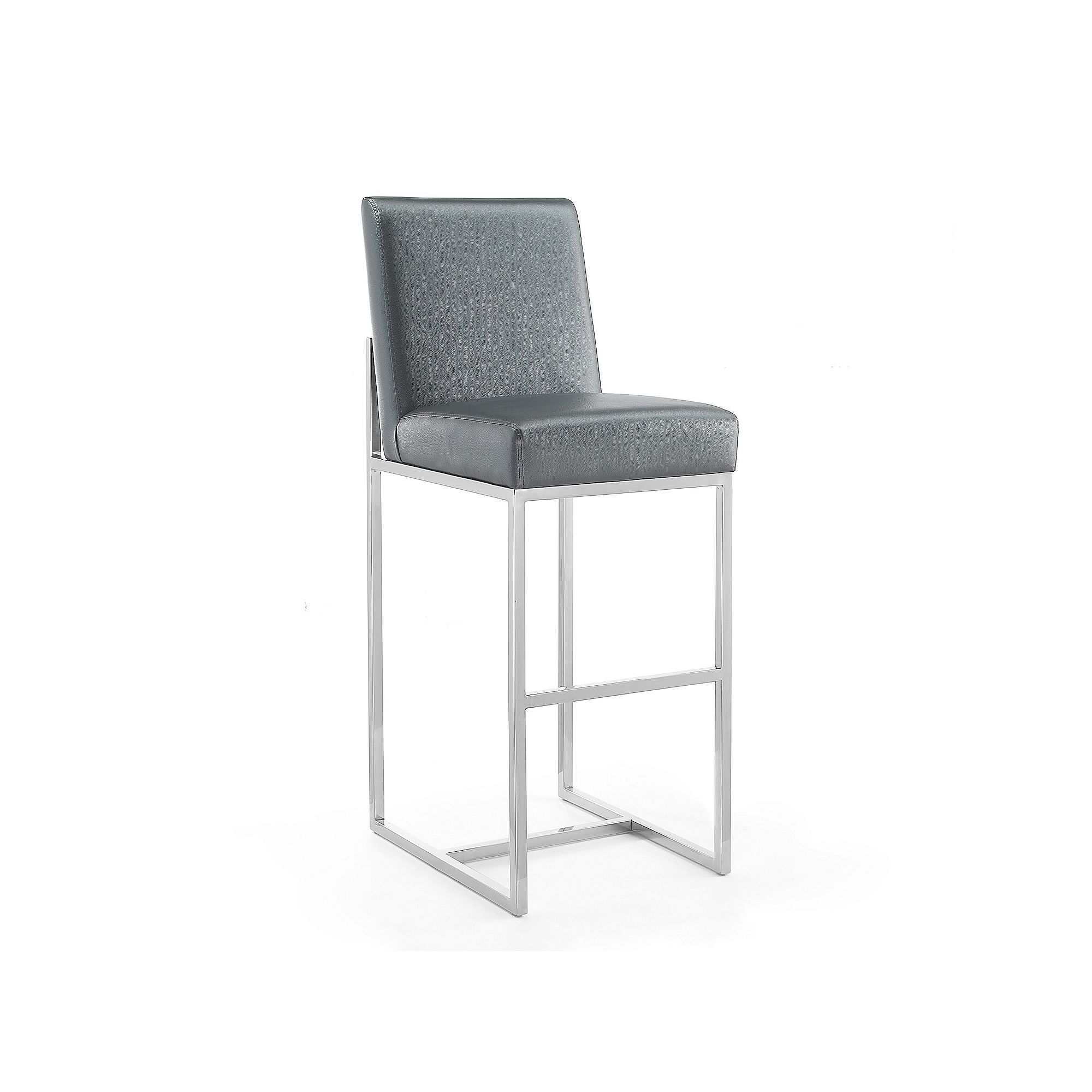 A single gray faux-leather bar stool with a chrome frame.