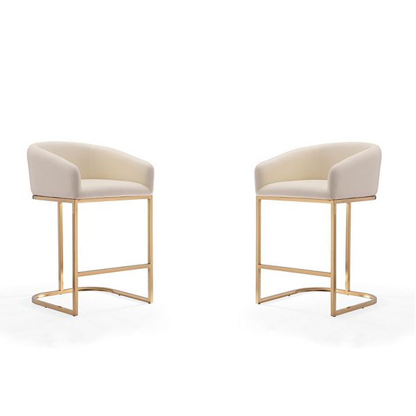 Set of 2 Louvre Upholstered Stainless Steel Counter Stools: Gold Base, Faux Leather - Manhattan Comfort