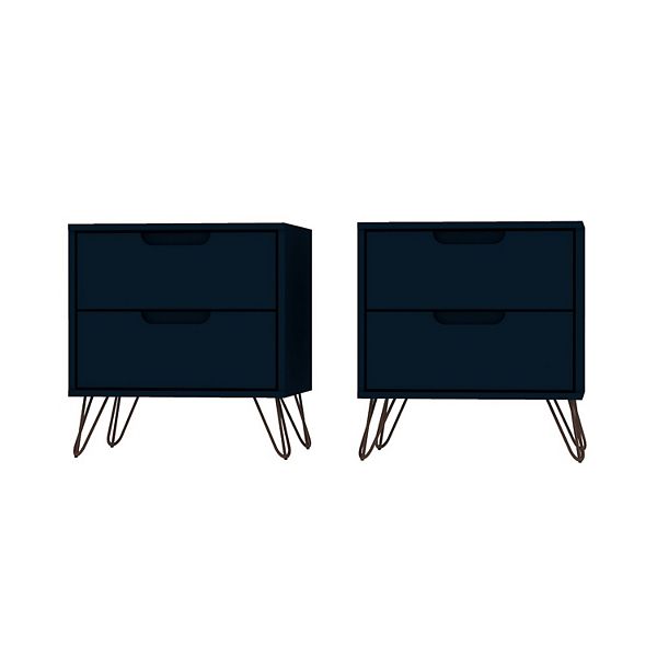 Set of 2 Rockefeller 2 Drawer Nightstands Tatiana Midnight Blue - Manhattan Comfort: Modern Splayed Metal Legs, MDF
