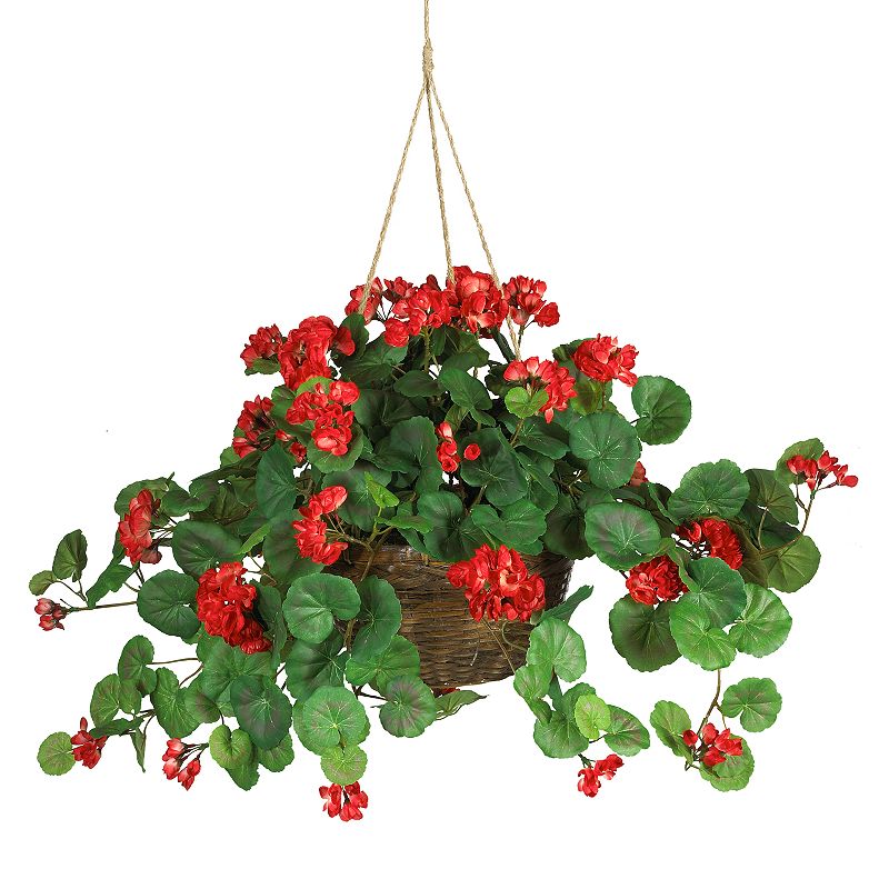 Nearly Natural Geranium Hanging Basket Silk Plant: Indoor Artificial Foliage, Wicker Planter